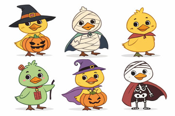 Obraz premium Illustration of six cartoon ducks dressed in halloween costumes with pumpkins and capes on white
