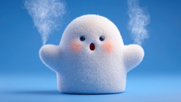 Fluffy, surprised ghost, emitting steam, against a vibrant blue backdrop