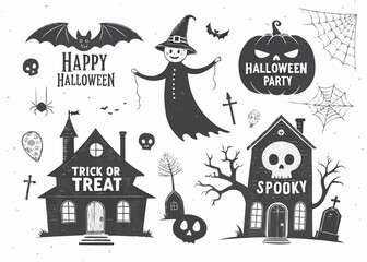 Obraz premium Illustration of halloween themed elements including bat, pumpkin, haunted houses and ghost figure