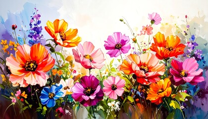Vibrant floral painting, showcasing a multitude of colorful flowers in a field