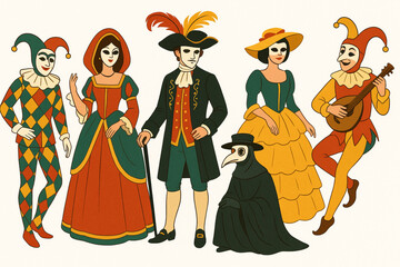 Obraz premium Venetian Carnival Characters in Colorful Costumes and Masks Festive Vector Illustration on White Background