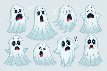 Obraz premium Cartoonish illustration of eight cute ghosts with various expressions on a light gray background color