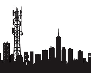 Obraz premium Cell tower silhouette with city skyline and modern communication antenna tower vector illustration