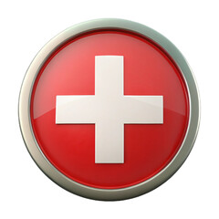 Obraz premium 3D Render Glossy Metallic Red Cross Button Icon in Circular Frame on Transparent Background