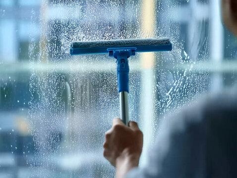 Persona limpiando ventana con escobilla azul y jab&oacute;n, revelando vista urbana. Mantenimiento de cristales en edificios, oficinas o viviendas. Limpieza hecha por limpiador profesional de cristales.