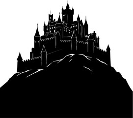 Dramatic black silhouette of majestic medieval castle on hilltop conveys power and mystery © Ali
