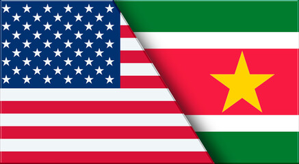Flags of USA and Suriname. American and Surinamese National flags on Fabric.