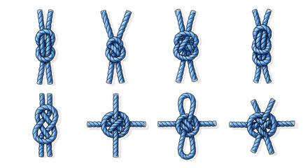 Collection of eight different types of strong knots, showcasing various fastening techniques