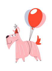 Birthday dog tied balloons flying