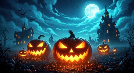 Naklejka premium Spooky halloween night with carved pumpkins and haunted castles under a full moon