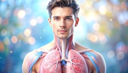 Anatomical depiction of a torso with visible lungs and vascular system, set against a soft, bright bokeh background. A handsome man's face is visible above