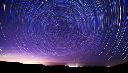 Fototapeta premium Celestial Timelapse Capturing Star Trails In Concentric Circles Around Polaris Deep Purple Night Sky With Occasional Shooting Stars And Satellite Trails
