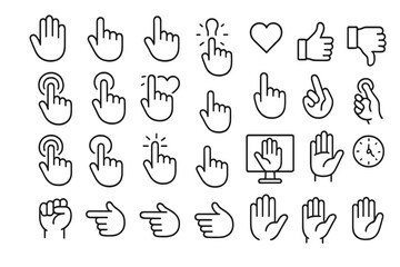 A collection of linear icons showing gestures, hands, and cursors with editable strokes, designed minimally for use on cards, apps, banners, and posts