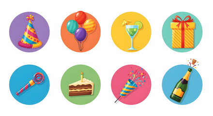 Vibrant collection of festive party icons celebrating joy and fun