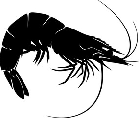 Bold black silhouette of a single shrimp, perfect for seafood menus, culinary designs, and ocean themes