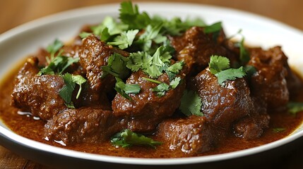 Aromatic and flavorful, rich beef curry with a generous garnish of fresh cilantro.