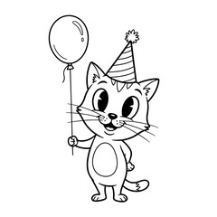 Cartoon Cat with Party Hat and Balloon
