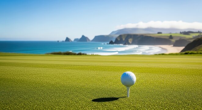 Scenic golf course beside crashing ocean waves with golf ball on tee ready for play