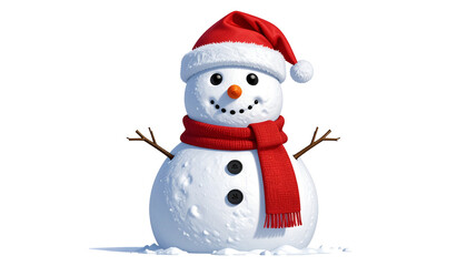 Obraz premium A cheerful snowman character wearing a festive red Christmas hat and scarf, isolated on a clean white background for holiday designs