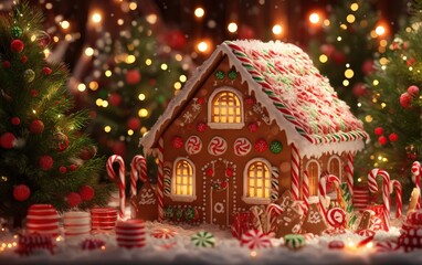 A gingerbread house with candy canes on the roof