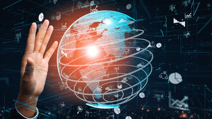 A visual representation of the interconnected world, showcasing a hand gesture against a backdrop of digital data elements, illustrating modern technology and global communication. Xenic
