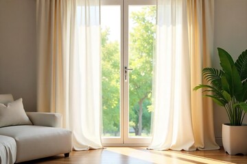 Serene Sunlight Streaming Through Sheer Curtains in a Bright Room, Creating a Calming and Airy Atmosphere.