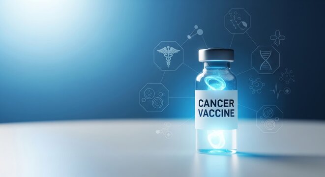 Cancer vaccine vial on futuristic medical background with DNA helix and biotechnology symbols for disease treatment innovation and healthcare research breakthrough