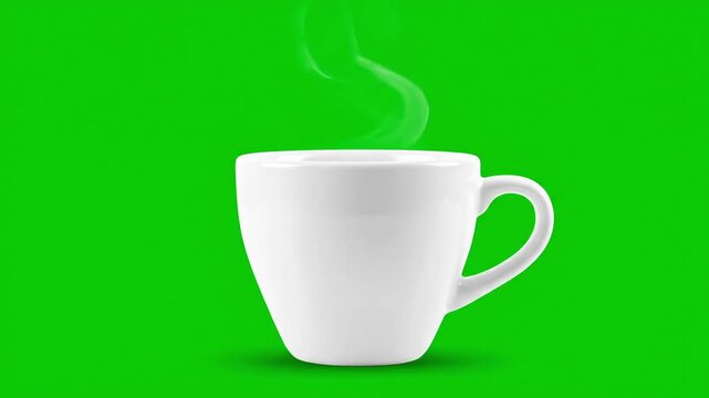 A white ceramic coffee cup with hot steam rising, isolated on a solid green screen background for chroma key.