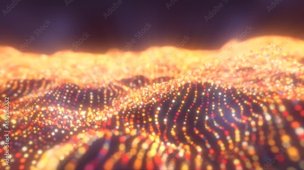 Poster glowing orange and red light dots form flowing waves across a dark abstract digital surface