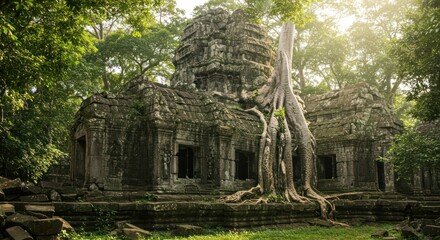 Fototapeta premium A breathtaking ancient temple tower stands as a testament to time, its majestic stone structures embraced by colossal tree roots within a vibrant, sun-dappled jungle setting