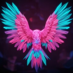 Obraz premium Geometric low-poly parrot with vibrant pink and cyan wings spread in flight, abstract digital art concept