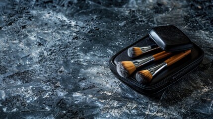 Set of Makeup Brushes in Black Case on Textured Dark Surface