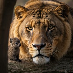 Obraz premium Majestic Lion and Tiny Cub Together, Capturing the Essence of Wildlife and Family Bonds