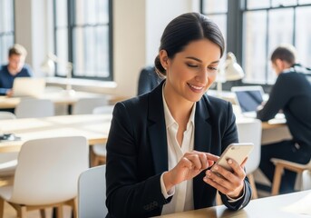 Obraz premium Woman smiling and using a smartphone, concept of online dating and communication for romantic connection app