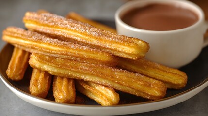 Golden-brown churros, dusted with sugar, are piled high on a plate, ready to be dipped in a mug of rich chocolate.