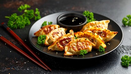 Pan-fried dumplings on a dark plate