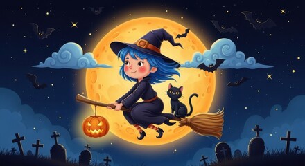 Naklejka premium Cute witch girl with blue hair riding a broomstick with a black cat and pumpkin lantern at night