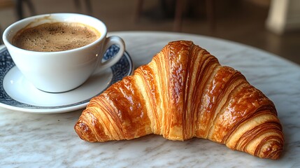 A delightful croissant and a cup of espresso sit on a marble table, showcasing a delicious morning treat.