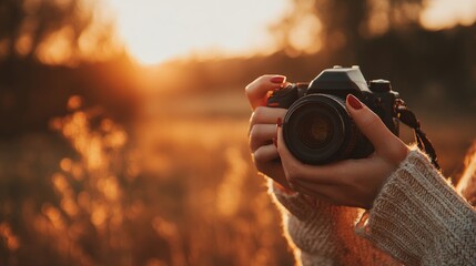 Holding a camera during golden hour with sunset casting warm light in the background