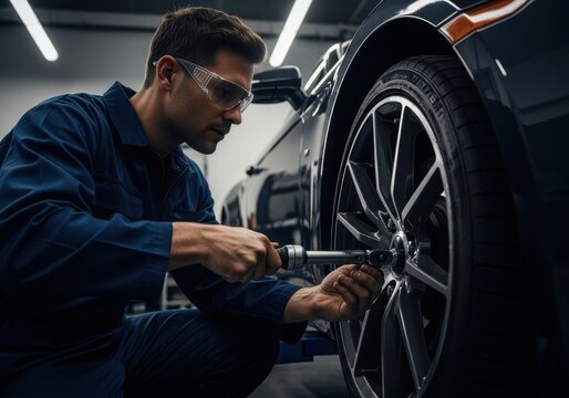 Auto mechanic man tightening car wheel. Professional technician inspecting tire in pit stop garage. Automotive service and racing concept. - Powered by Adobe