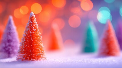 Colorful miniature trees in a snowy landscape with festive lights glowing