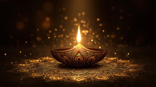 Glowing Diwali lamp with golden mandala patterns on dark festive background