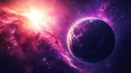 Obraz premium A breathtaking view of a planet set against a colorful cosmic scene filled with stars and vibrant nebulae in the vast universe.