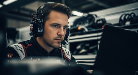 A man race engineer with headset monitoring data on laptop in garage. Pit crew strategist analyzing performance for competition.