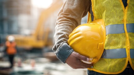 Construction worker holds hard hat on job site during daylight hours