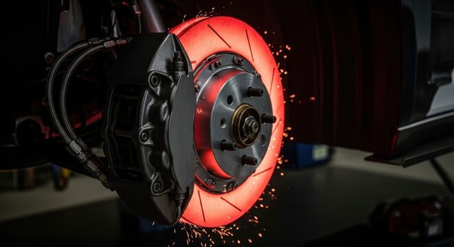 Close up of bright red glow and sparks from car brake disc. Performance auto part for racing and high speed vehicles.
