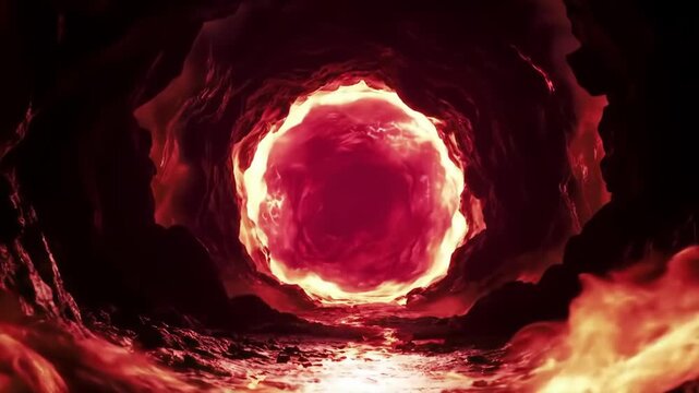 Fiery portal tunnel, hellish landscape, background light, VFX