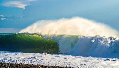 Powerful ocean wave crashing on shore