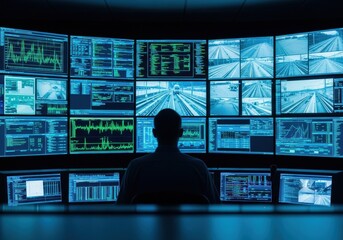 Man monitoring multiple screens in a command center, overseeing data and camera feeds for railway operations.