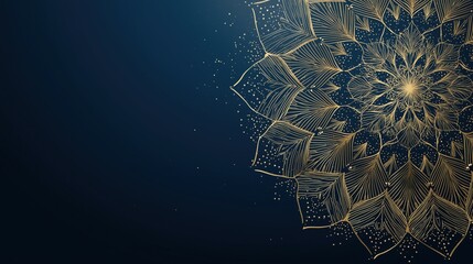 Geometric golden mandala patterns in gold lines on dark blue background